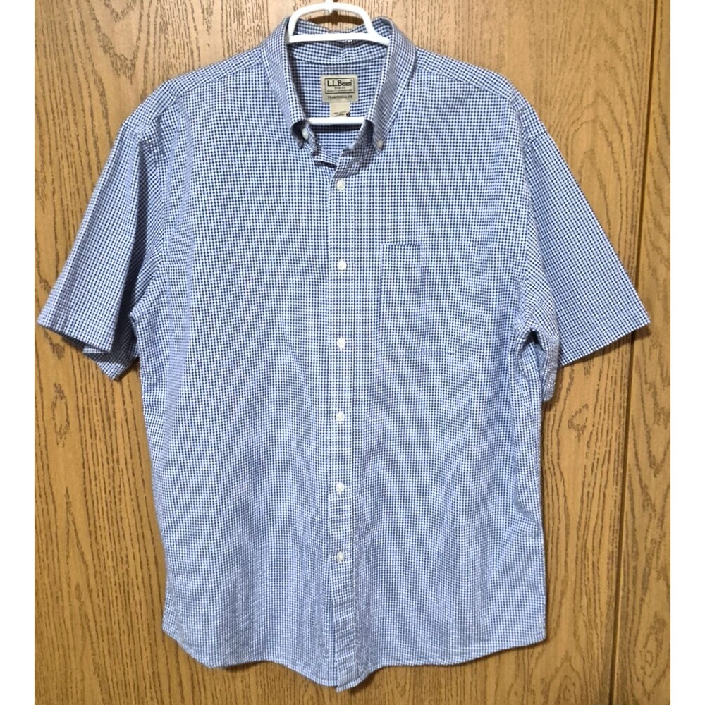 L.L. Bean Men's Blue White Check Short Sleeve Traditional 100% Cotton Shirt Sz L